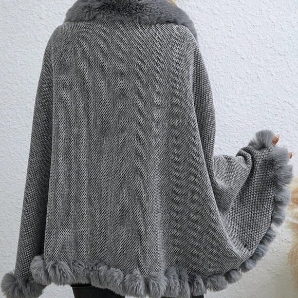 Grey Casual Womens Fuzzy Trim Cape Cardigan - Picture 2 of 5